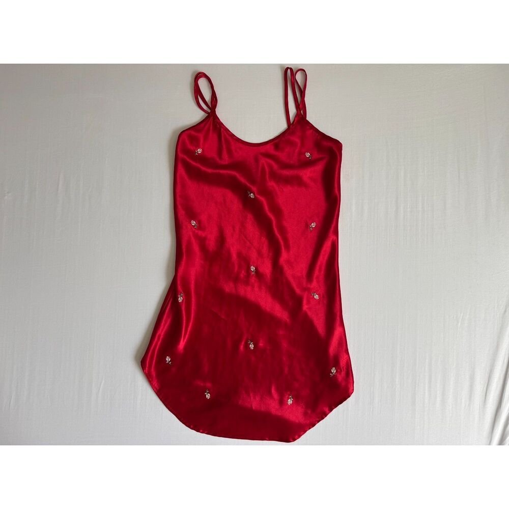 Vintage Inner Most Mini Red Satin Slip Dress | Rose Embroidery | Size X-Small
